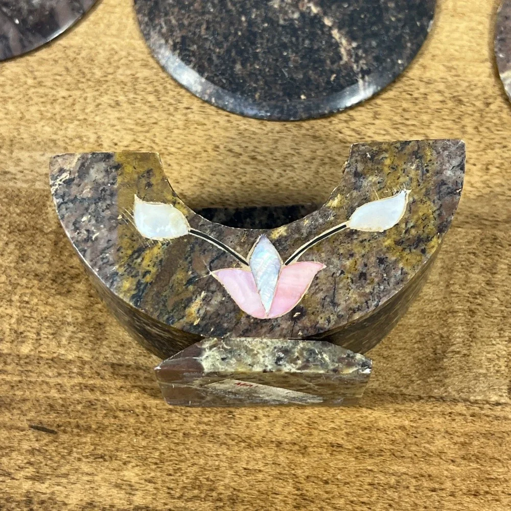 Vintage Marble Floral Mother of Pearl Inlay Coasters Set of 6 W/ Holder